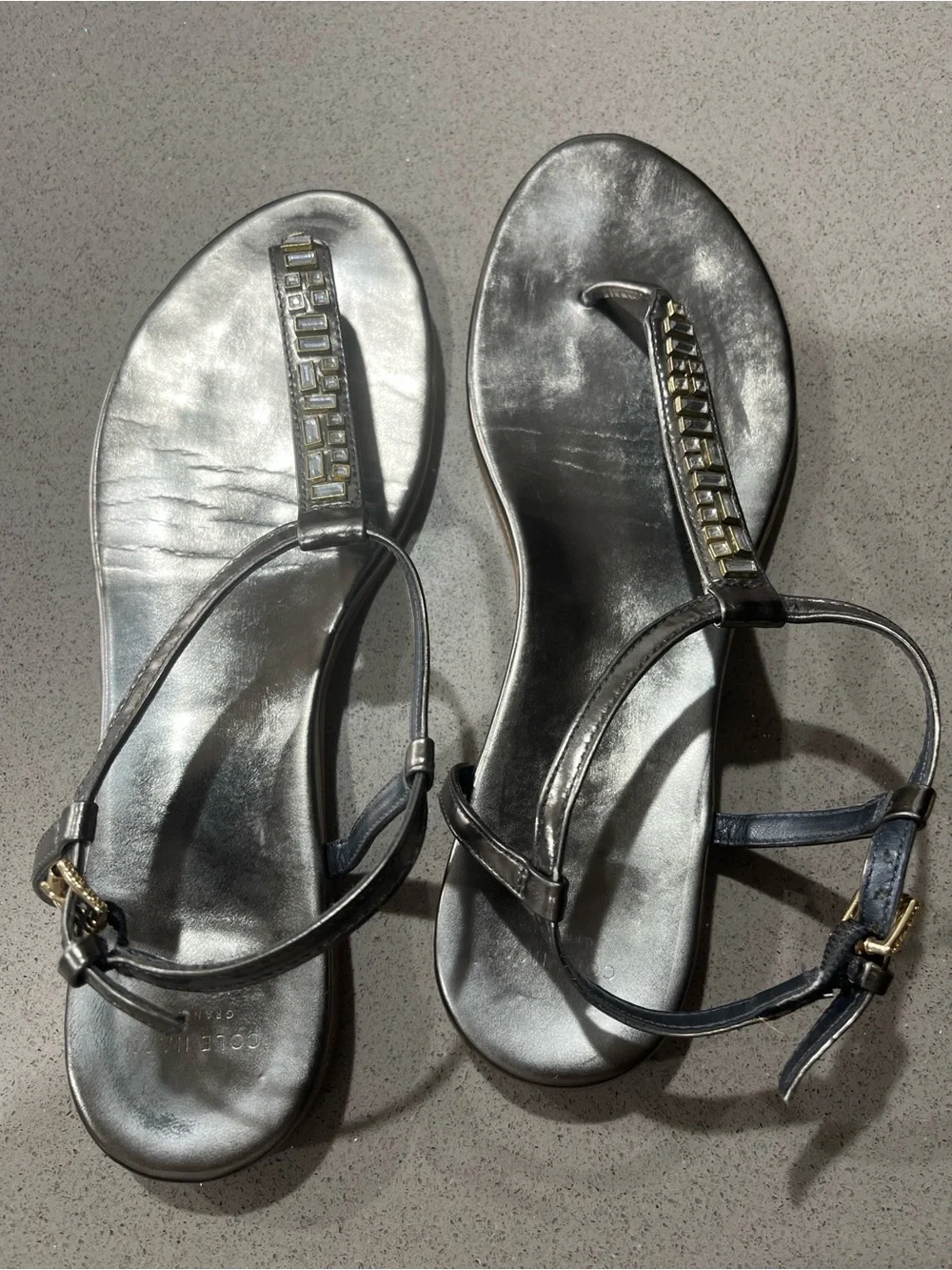 Cole Haan Metallic Silver/Pewter T-Strap Sandals with Crystal Accents